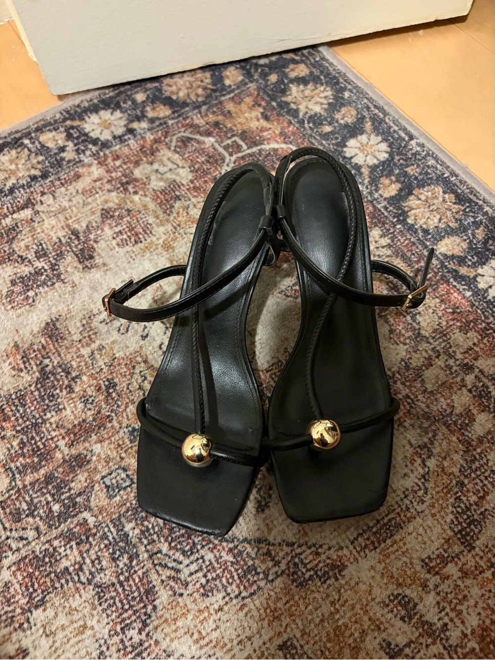 Dolce Vita Black Strappy Heeled Sandals with Gold Orb Detail